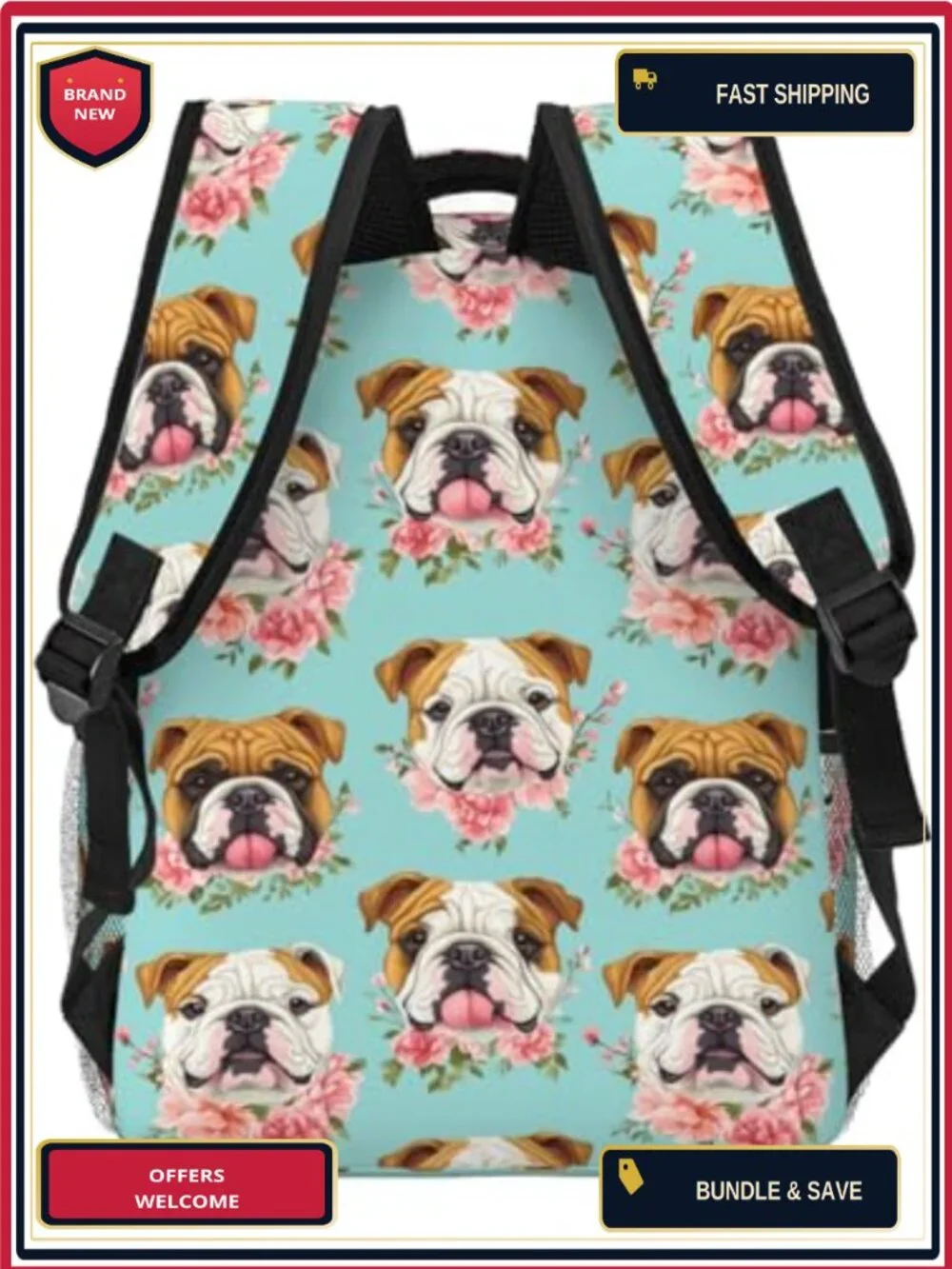 Floral Bulldog Backpack Lightweight Polyester Laptop Daypack for School Travel